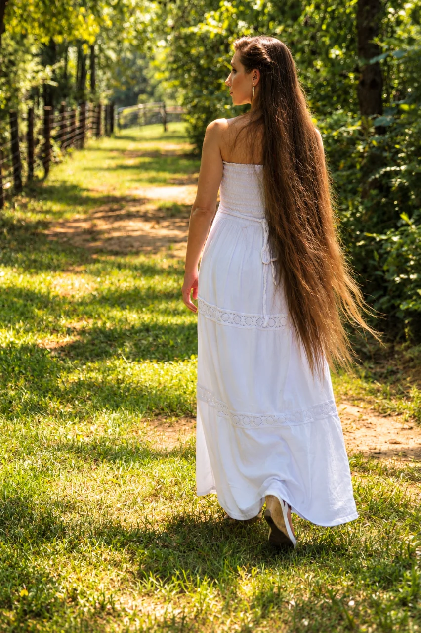 Woman in a long white dress walking away along a grassy woodland path, looking over her shoulder with extremely long brown hair flowing down her back.