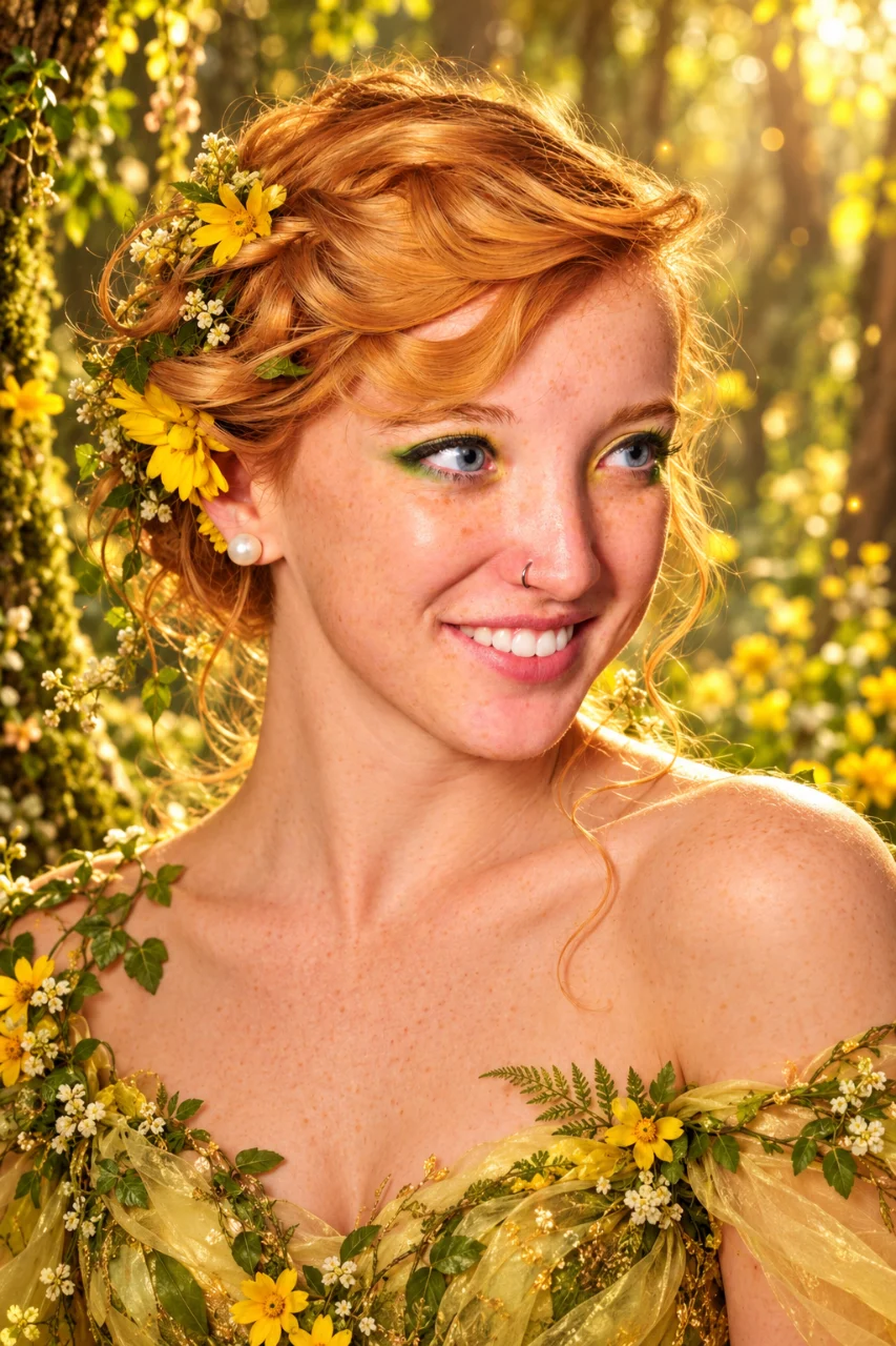 A red-haired woman with yellow flowers and greenery woven through her hair poses in a golden floral dress in a sunlit woodland setting.