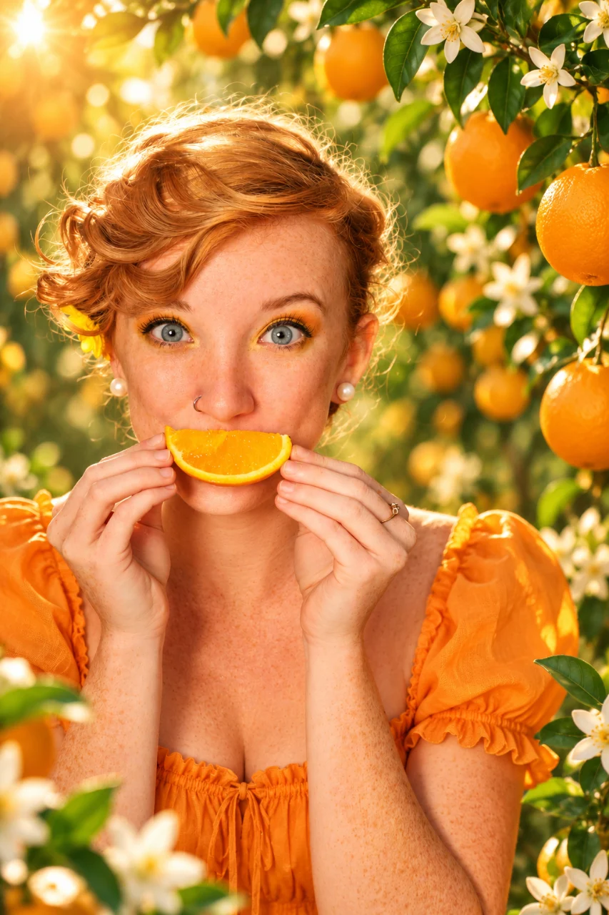 A red-haired woman in an orange dress holds an orange slice in front of her mouth while surrounded by oranges and white blossoms.