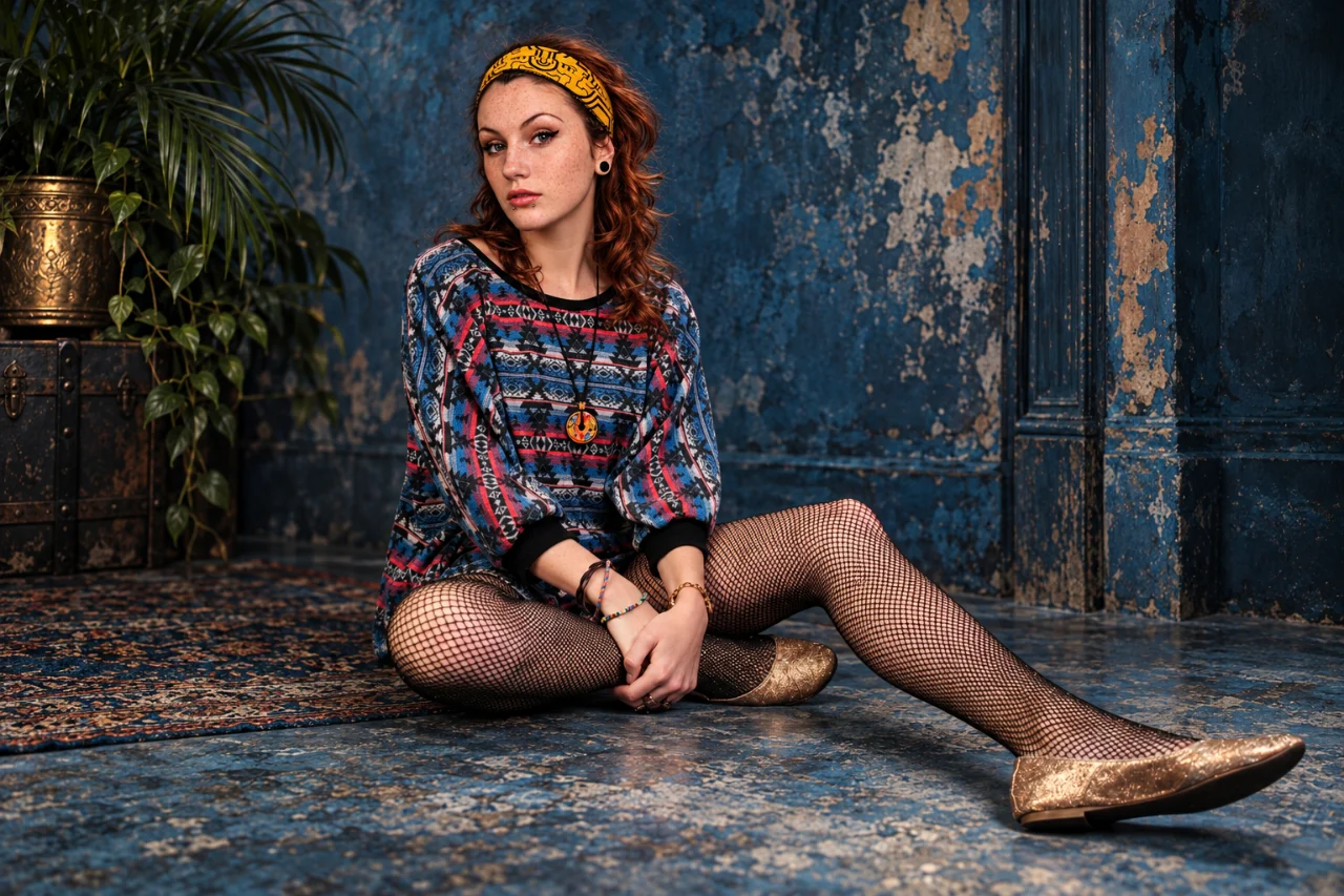 A freckled, red-haired woman sits on a distressed blue floor with one leg extended, wearing a patterned oversized sweater, yellow headband, fishnet tights, and gold flats. Antique furniture and leafy plants frame the scene.
