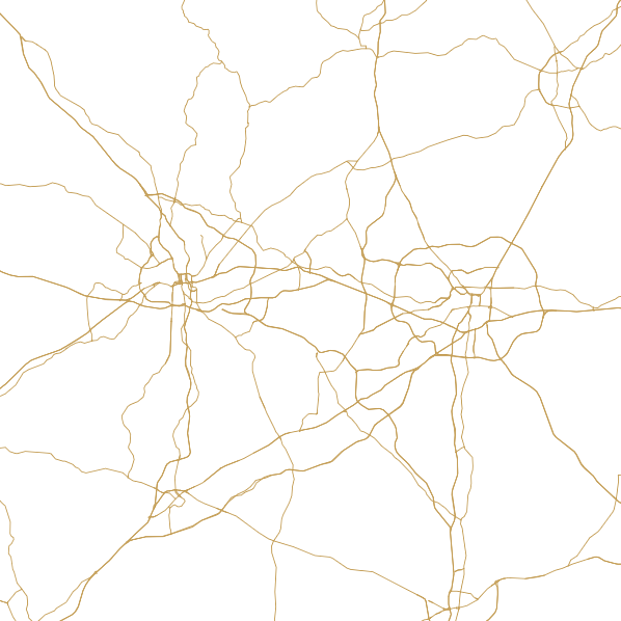 Street map of the Piedmont Triad, with roads linking Winston-Salem, Greensboro and High Point.